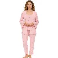 fashionshowcase Pyjama Damen 3-teiliges Set - Hausanzug mit Top, Hose & Morgenmantel (Nachtwäsche-Set, 3 tlg) Dreiteiliges Damen Set mit Muster und Details