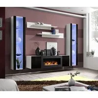 ASM-Moebel Wohnwand Wohnwand FLY M2 Hochglanz Push-Click mit Bio-Ethanol Kamin und Led, Bio-Ethanol Kamin, Led Beleuchtung, Push-Click und Hochglanzfronten