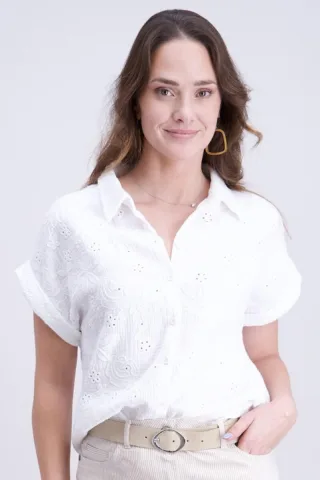 signe nature - Kurzarm-Hemdbluse mit Lochstickerei weiß - Gr. - 38