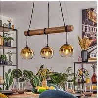 hofstein Pendelleuchte Hängelampe aus Metall/Holz/Glas in Schwarz/Natur-/Goldfarben/Klar, ohne Leuchtmittel, Hängeleuchte im Boho-Design mit Glasschirmen und Holzbalken, 3 x E27