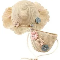 Zaewry Sonnenhut Kinder Strand Sonnenhut, Strand Sonnenhut aus Stroh und Strandtasche Geeignet für Reisen, Urlaub und Strandaktivitäten