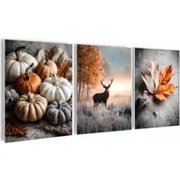 artissimo Mehrteilige Bilder Bilderset 3er-Set, Wandbilder-Set natur, Bilderwand Bilder beige weiß, Herbst-Deko: Kürbisse/ Hirsch / Blatt
