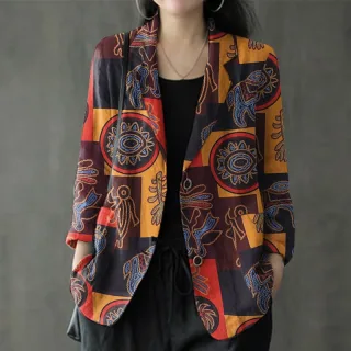 ZANZEA Womens Ethnic Prints Blazer Vacation Thin Suit Coat Retro Lapel Cotton Linen Printing Long Sleeve Blazer