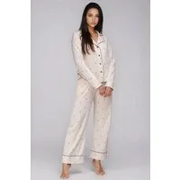 Mademoiselle Sommeil Pyjama Damen Schlafanzug in Cremefarben mit Herzchen-Muster & Reverskragen 100% Baumwolle, Langarm & lange Hose, komfortable Jersey-Qualität