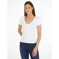 Tommy Jeans Kurzarmshirt TJW SLIM ESSENTIAL RIB V SHORT SLEEVE mit gerippter Struktur, V-Ausschnitt, Slim Fit