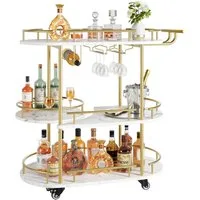 GarveeMore Küchenwagen 3-stöckiger Barwagen mit Rädern und Griff,Drehbarer Gold Servierwagen, Barwagenmit Weinregal und Glashalter für Küche, Wohnzimmer, Esszimmer