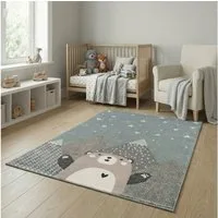 Jimri Kinderteppich Happy Friends Teppich für Kinderzimmer, Kinderteppich Bär Hase Panda, Läufer