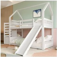 TavilaEcon Etagenbett Kinderbett Jugendbett Hausbett mit Stauraumtreppe und Rutsche, Holzbett mit Geländer, 90x200cm, weiß