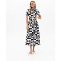 Passioni Hemdblusenkleid Maxikleid mit Muscheldesign Luftiges Sommerkleid in Schwarz- Weiß