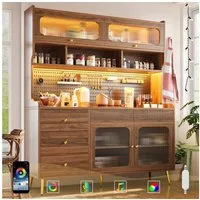 Flieks Küchenbuffet mit LED-Beleuchtung, Lochwand, Glastüren und 5 Schubladen (1-St., 145x39x171 cm) Hochschrank Küchenschrank Geschirrschrank mit Arbeitsplatte Holzoptik