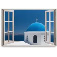 Sinus Art Leinwandbild Wandbild 120x80cm Fensterbild Santorini Griechenland Meer Blau Sommer, (1 St)