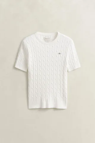 GANT - Kurzärmliger Zopfstrickpullover aus Baumwollstretch eggshell - Gr. - XXL