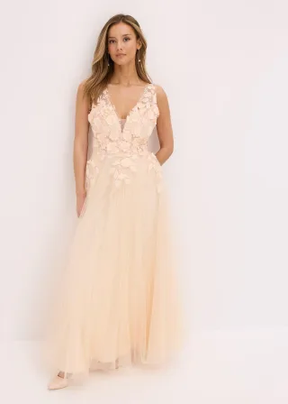 bonprix Maxikleid aus zartem Tüll mit Blumen-Applikation, beige, Gr.48, Romantisch und feminin: Bezauberndes Abendkleid in Maxi-Länge aus zartem Tüll mit Blumen-Applikation im Oberteil