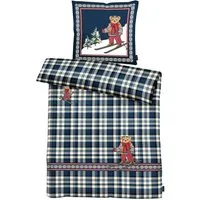 APELT Bettwäsche Mati, Satin (Bio-Baumwolle), 2 teilig, Karomuster mit Norwegerbordüre und Bär auf Skiern