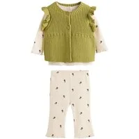 Next Langarmshirt & Leggings 3-teiliges Babyset aus Stricktop und Ripptop (3-tlg)