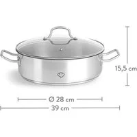 Springlane Schmortopf Edelstahl 28cm, 5 L, Schmor- und Servierpfanne, Induktion, Edelstahl, kratzfest & unbeschichtet, Alle Herdarten, Glasdeckel mit Dampfloch