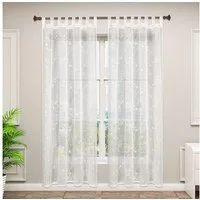 Woltu Gardine (2 St), halbtransparent, Blumen Stickerei mit Schlaufen Leinen Optik
