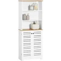 SoBuy Hochschrank BZR44, Badezimmerschrank schmal, Badkommode mit verstellbaren Ablagen Badschrank Aufbewahrungsschrank mit 3 Fächern und 2 Lamellentür