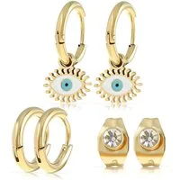 Made by Nami Ohrring-Set 3er-Set mit Evil Eye Gold Ohrringe und Ohrstecker mit Edelstein, aus Chirurgischem Edelstahl - Wasserfester Schmuck Nazar Boncuk