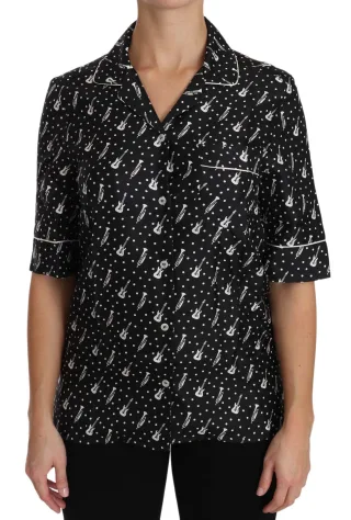 Dolce & Gabbana Damen Seidenhemd mit schwarzem Gitarren- und Trompetendruck
