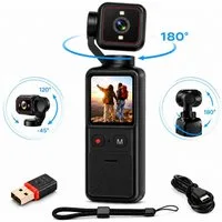 Fyrove 4K Action Cam mit 180°-Drehobjektiv, 1,69-Zoll-Touchscreen, WLAN Panoramakamera (integriertes Gimbal-Objektiv, kein weiteres Objektiv, 12 MP, 1x opt. Zoom, WLAN IEEE 802.11 b/g/n, inkl. Taschenkamera, Ladekabel, Handbuch, Eingebauter Gimbal, W