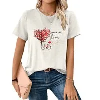 PYLIKE T-Shirt Damen Casual Kurzarmshirt mit Liebesbaum Druck bequemes t shirt Bequem für Freizeit und Büro,Strandurlaub