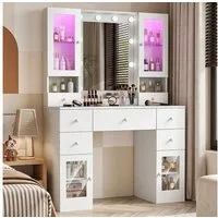 oyajia Schminktisch mit Spiegel und LED-Leuchten, Steckdosenleiste, 5 Schubladen (1 Schränke, 10 dimmbare Glühbirnen, 3 Lichtfarben, 107.5x40x155.5cm), für Ihr perfektes Make-up-Erlebnis