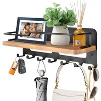 TUWENA Wandhaken Schlüsselbrett Holz mit Ablage, Schlüsselablage Wand mit 7 Haken, Schlüsselbrett Organizer für Eingang, Flur, Schlafzimmer, Wohnzimmer