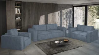 Sofaset Designersofa VAJANA 3-2-1 Stoff Tilia Azurblau