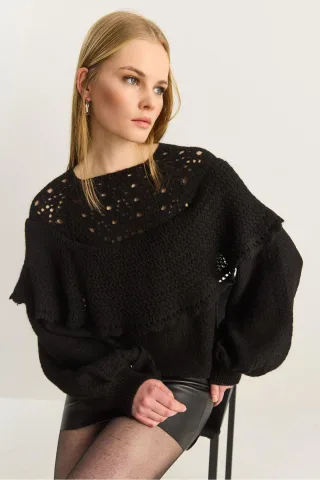 Rippstrick Bootsausschnitt Dicke Pullover mit Spitzendetail