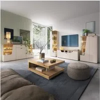 Lomadox Wohnzimmer-Set CARMONA-129, (Mega-Spar-Set, 5-St., Couchtisch Highboard Lowboard Sideboard Vitrine), in Kaschmir und Eiche, inkl. LED-Beleuchtung