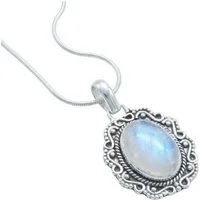 mantraroma Kette mit Anhänger KATUVA oval aus 925 Silber mit Regenbogen Mondstein (Kettenanhänger uns Kette), 925 Sterling Silber Ketten mit Kettenanhänger für Damen