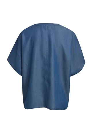 Milano Italy - oversized blouse w stand up collar + ruffled placket dark denim - Gr. - 38
