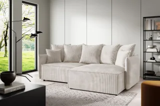 Ecksofa Schlafsofa Sofa MINEA in Stoff Poso Altweiß Ottomane Rechts