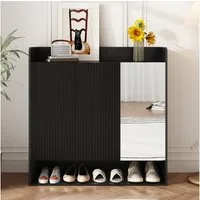 MODFU Schuhschrank 110x110x35,5 cm Schwarzer Schuhschrank mit Spiegel für Flur (Packung, 1-St., Großzügiges Fassungsvermögen auf mehreren Ebenen) Vertikales Streifendesign, moderner Look