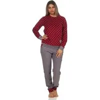 Normann Pyjama Damen Frottee Pyjama mit Bündchen im Herz Tupfen- und Ringeldesign