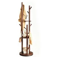 OSTWOLKE Garderobenständer Drehbarer Kleiderständer aus Massivholz mit 3 Ablage und 8 Haken, stabil & einfach zu montieren, für Flur, Schlafzimmer, 165×40×40 cm