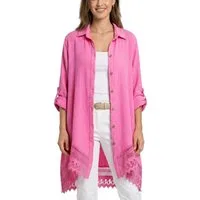 dy_mode Longbluse Damen Oversized Longbluse Musselin Tunika HemdbluseBlusenkleid in Unifarbe, dekorativem Häkel-Saum, Oversize-Passform
