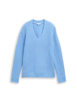 Tom Tailor - Strickpullover mit V-Ausschnitt light fjord blue melange - Gr. - S