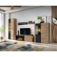 ASM-Moebel Wohnwand Wohnwand ARON-K mit Rillenfront und Bio Ethanol Kamin LED Push Click, Mit Bio-Ethanol Kamin, Led Beleuchtung und Push-Click System.