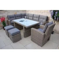 Ragnarök Möbel-Design Gartenlounge-Set Dining Lounge Wieland XL, (Set, 1 Ecklounge, 2x Hocker, 1x Hochlehner Sessel, Alu, Polyrattan), XXL Tisch 170×102 cm, 16 cm Polster, flexibel & ohne Aufbau