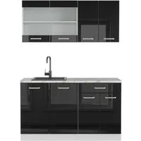 Vicco Küchenzeile R-Line, Schwarz Hochglanz/Weiß, 140 cm, AP Marmor