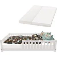 Juskys Kinderbett Naya, 140x200 cm Bodenbett, Holz, mit Matratze, Rausfallschutz & Lattenrost