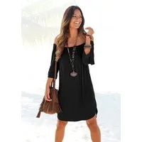 LASCANA Strandkleid mit Carmenausschnitt und 3/4-Ärmeln aus gewebter Viskose, Blusenkleid luftiges Sommerkleid, kurzes Beachkleid mit lockerer Passform, casual