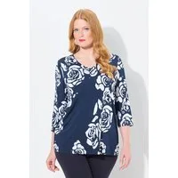 Ulla Popken T-Shirt Slinkyshirt floraler Druck V-Ausschnitt 3/4-Arm