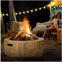 Outsunny Feuerschale mit Schürhaken, im Baumstumpf-Design, (Feuerschale, 1-St., Feuerstelle mit Deckel), Stahl, für Garten, Camping, Braun