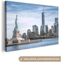 OneMillionCanvasses® Leinwandbild New York - Freiheitsstatue - Wasser, Fotodruck (1 St), Leinwand Bilder Klein, Wand Dekoration Aesthetic 30x20 cm