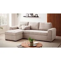 Massivart® Ecksofa mit Schlaffunktion / Cord beige / 243 cm / Modell Poll, mit Bettfunktion und Bettkasten, Nosagunterfederung für Sitzkomfort