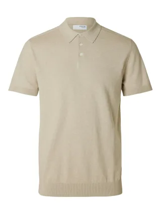 SELECTED MEN - SLMBERG SS KNIT POLO NOOS Oatmeal - Gr. - M