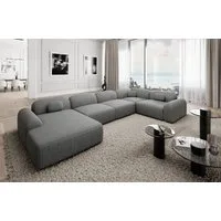Sofa Dreams Wohnlandschaft Barcelona U Form Stoffsofa 6-Sitzer, Lounge Couch Strukturstoff Dunkelgrau Ottomane links